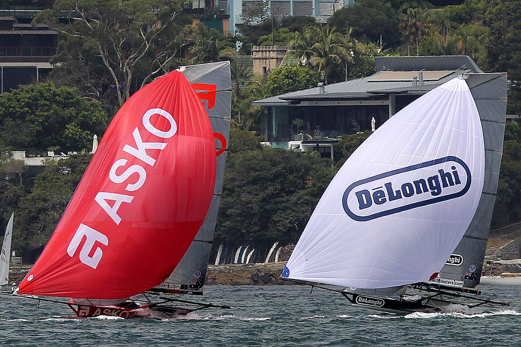 Asko Appliances and De'Longhi on the spinnaker run out of Rose Bay - 18ft skiffs - Race 5, NSW State titles © Frank Quealey /Australian 18 Footers League http://www.18footers.com.au